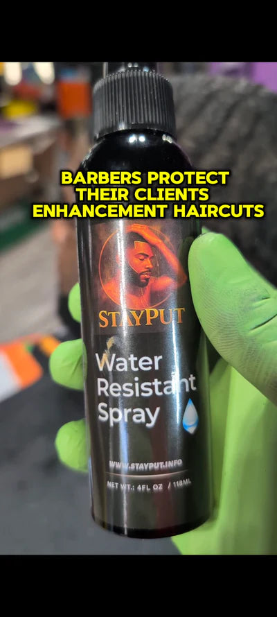 StayPut Waterproof Hair Styling Spray bottle close-up showing the premium packaging.