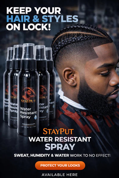 Man applying StayPut hair styling spray to achieve long-lasting results.